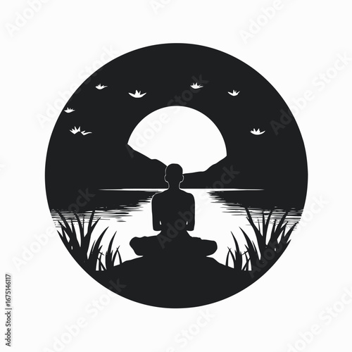 Serene meditation at lakeside, tranquil nature scene, meditative pose silhouette