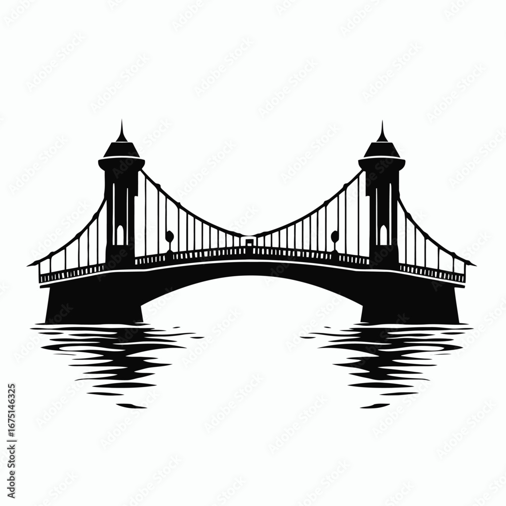 Fototapeta premium Dramatic suspension bridge with towers and water reflection silhouette