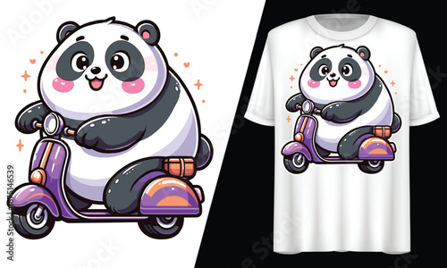 Kawaii Panda Riding a Scooter, T-Shirt Design.