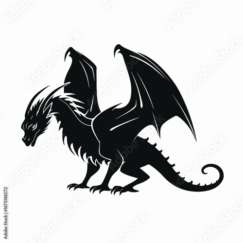 Majestic winged dragon in a fierce stance shown in striking silhouette