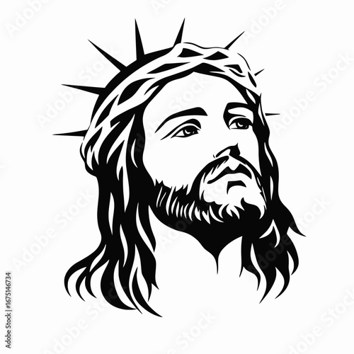 Christ with thorns, black and white religious drawing illustration silhouette
