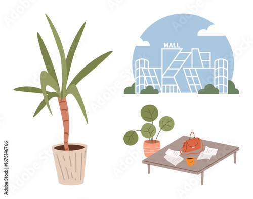 Potted plants, a stylish mall building, and a cozy coffee table with papers, a bag, and a mug. Ideal for lifestyle, shopping, urban design, leisure relaxation modernity simple flat metaphor