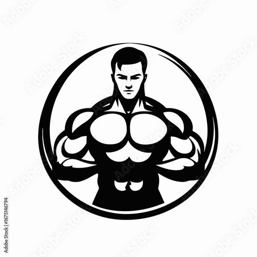Strong muscular bodybuilder inside circle in a graphic vector silhouette