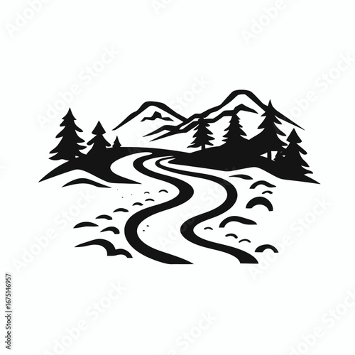 Mountainous landscape with winding road, trees and peaks silhouette