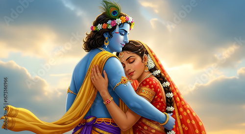 Divine love embodied Krishna and Radha embrace in heavenly sky