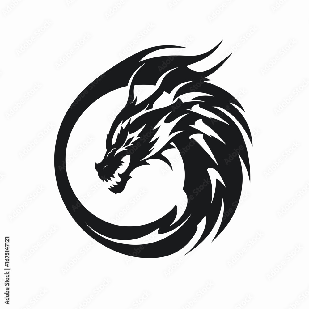 Naklejka premium Circular dragon logo graphic, mythical and bold, black silhouette