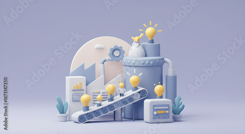 Whimsical 3D factory generating creative ideas, with light bulbs on an innovative production line.