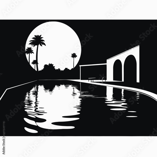 Luxurious villa by the swimming pool with tropical plants silhouette