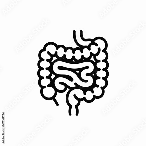 Black and white line art icon of human intestines digestive system anatomy
