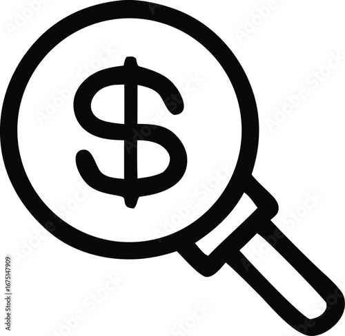 Magnifying glass focuses on dollar sign symbol representing financial analysis and money search concepts