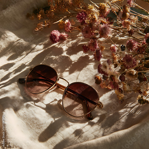 Chic gold sunglasses and dried flowers creating a stylish, sun-drenched still life scene evoking summer vibes and quiet luxury, perfect for lifestyle content