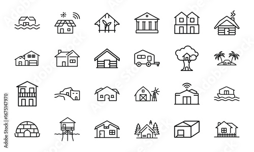 House and Home Outline Icons Set – Cottage, Villa, Cabin, Igloo, Farmhouse, Beach House, Bamboo House, Modern Apartment, Barn, Treehouse, Caravan, Vacation Home, Suburban House, Traditional Building, 