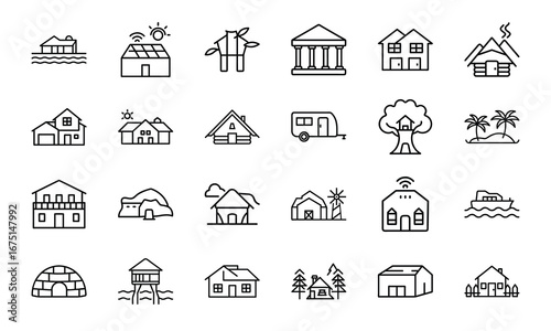 House and Home Outline Icons Set – Cottage, Villa, Cabin, Igloo, Farmhouse, Beach House, Bamboo House, Modern Apartment, Barn, Treehouse, Caravan, Vacation Home, Suburban House, Traditional Building, 