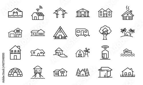 House and Home Outline Icons Set – Cottage, Villa, Cabin, Igloo, Farmhouse, Beach House, Bamboo House, Modern Apartment, Barn, Treehouse, Caravan, Vacation Home, Suburban House, Traditional Building, 