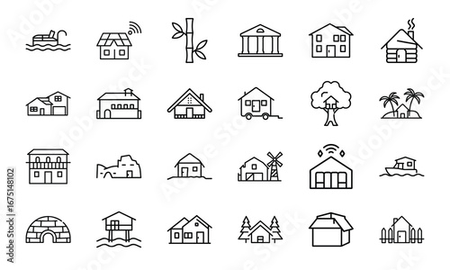 House and Home Outline Icons Set – Cottage, Villa, Cabin, Igloo, Farmhouse, Beach House, Bamboo House, Modern Apartment, Barn, Treehouse, Caravan, Vacation Home, Suburban House, Traditional Building, 