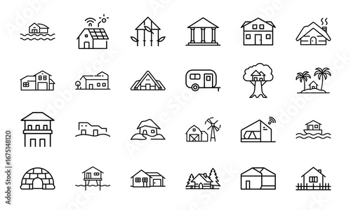 House and Home Outline Icons Set – Cottage, Villa, Cabin, Igloo, Farmhouse, Beach House, Bamboo House, Modern Apartment, Barn, Treehouse, Caravan, Vacation Home, Suburban House, Traditional Building, 
