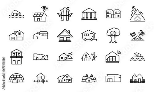 House and Home Outline Icons Set – Cottage, Villa, Cabin, Igloo, Farmhouse, Beach House, Bamboo House, Modern Apartment, Barn, Treehouse, Caravan, Vacation Home, Suburban House, Traditional Building, 