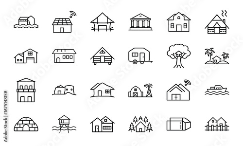 House and Home Outline Icons Set – Cottage, Villa, Cabin, Igloo, Farmhouse, Beach House, Bamboo House, Modern Apartment, Barn, Treehouse, Caravan, Vacation Home, Suburban House, Traditional Building, 