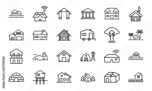 House and Home Outline Icons Set – Cottage, Villa, Cabin, Igloo, Farmhouse, Beach House, Bamboo House, Modern Apartment, Barn, Treehouse, Caravan, Vacation Home, Suburban House, Traditional Building, 