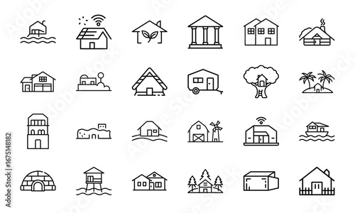House and Home Outline Icons Set – Cottage, Villa, Cabin, Igloo, Farmhouse, Beach House, Bamboo House, Modern Apartment, Barn, Treehouse, Caravan, Vacation Home, Suburban House, Traditional Building, 