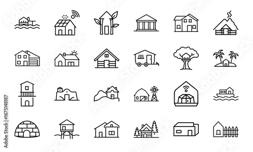 House and Home Outline Icons Set – Cottage, Villa, Cabin, Igloo, Farmhouse, Beach House, Bamboo House, Modern Apartment, Barn, Treehouse, Caravan, Vacation Home, Suburban House, Traditional Building, 