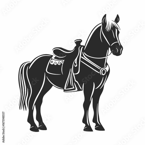 Majestic black horse with saddle standing gracefully in beautiful silhouette