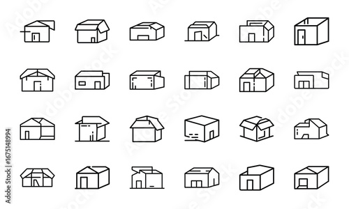 House and Home Outline Icons Set – Cottage, Villa, Cabin, Igloo, Farmhouse, Beach House, Bamboo House, Modern Apartment, Barn, Treehouse, Caravan, Vacation Home, Suburban House, Traditional Building, 