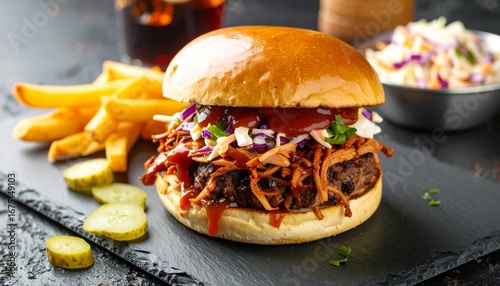 BBQ Pulled Pork Burger.
A juicy beef patty topped with tender pulled pork smothered in tangy BBQ sauce, complemented by creamy coleslaw and pickles, all packed into a soft, lightly toasted bun.