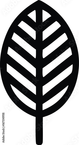 Simple stylized black leaf silhouette with ribbing perfect for nature themed designs