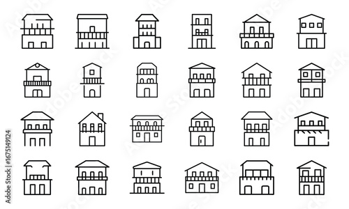 House and Home Outline Icons Set – Cottage, Villa, Cabin, Igloo, Farmhouse, Beach House, Bamboo House, Modern Apartment, Barn, Treehouse, Caravan, Vacation Home, Suburban House, Traditional Building, 