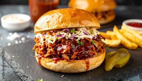 BBQ Pulled Pork Burger.
A juicy beef patty topped with tender pulled pork smothered in tangy BBQ sauce, complemented by creamy coleslaw and pickles, all packed into a soft, lightly toasted bun.