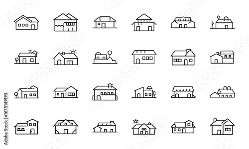 House and Home Outline Icons Set – Cottage, Villa, Cabin, Igloo, Farmhouse, Beach House, Bamboo House, Modern Apartment, Barn, Treehouse, Caravan, Vacation Home, Suburban House, Traditional Building, 