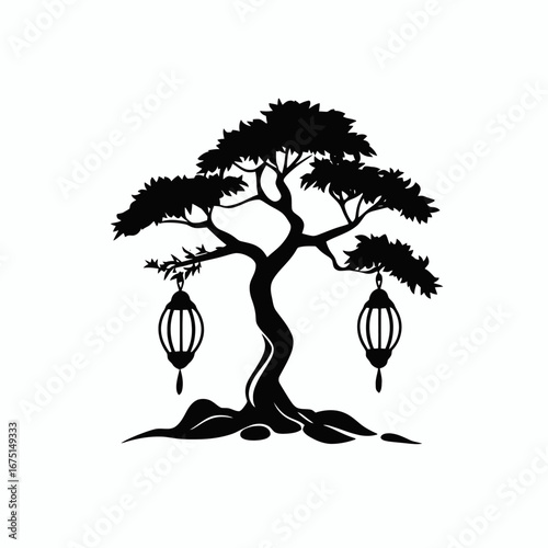 Decorative bonsai tree with hanging lanterns art drawing silhouette