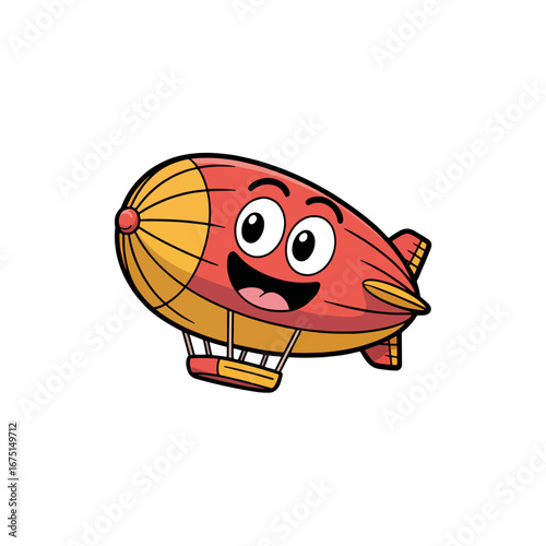 Colorful cartoon airship soaring through a sunny sky with a friendly expression