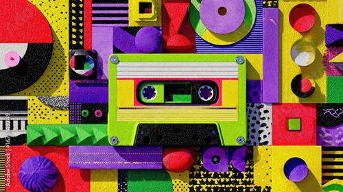 Colorful collage with a retro cassette tape