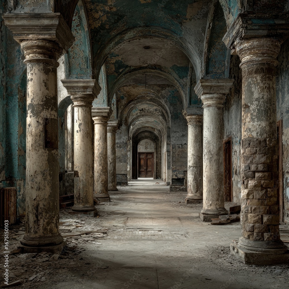 Fototapeta premium Decayed, arched hallway of an abandoned building