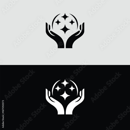 A captivating logo design featuring hands cradling a crystal ball adorned with stars, symbolizing magic, fortune telling, and spiritual guidance, isolated on white background