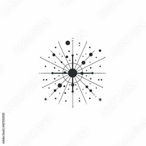 Celestial arrangement with stars and planets, black vector illustration silhouette