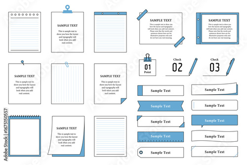 メモ　ノート　文房具　付箋　ペン　イラスト　ベクター　クリップ　マスキングテープ　フレーム　セット