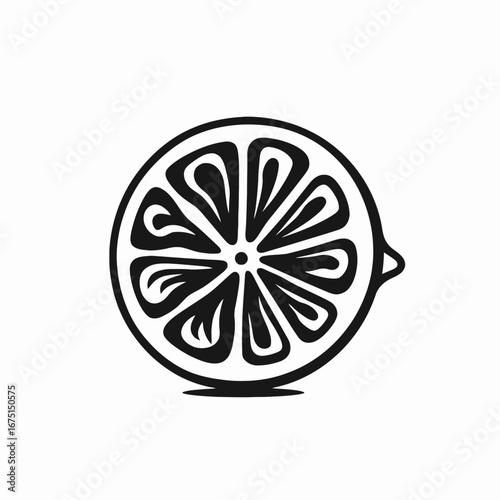 Stylized monochrome citrus illustration, vector graphic lemon slice isolated silhouette