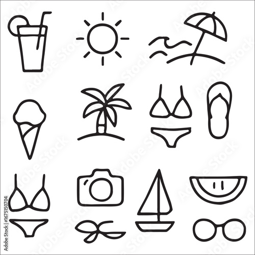 Summer Vacation Icons in Line Style Design Set for Beach Holiday and Relaxation Outing Trip Celebration with Elements of Fun