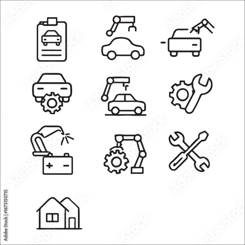 Set of Automobile and Car Repair Icons Representing Vehicle Maintenance and Service with Robotic Automation and Home Garages