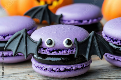 Spooky purple macaron bat cookies halloween desserts, cute wings, candy eyes, black filling rustic wood, festive party treats for kids and family