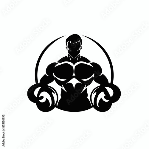Strong bodybuilder holding weights in vector flat design silhouette