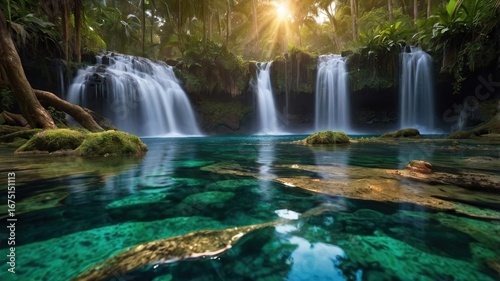 Magical Waterfall in Tropical Jungle with Crystal Pool