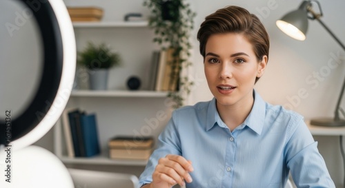 Confident Young Woman Presenting on a Video Call with Ring Light in Modern Home Office Free Download Confident Young Woman Presenting on a Video Call with Ring Light in Modern Home Office - GFXLoad