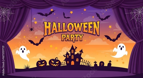 Halloween party stage with cartoon castle, pumpkins, ghosts, and bats against an orange and purple sky backdrop, perfect for invitations and flyers