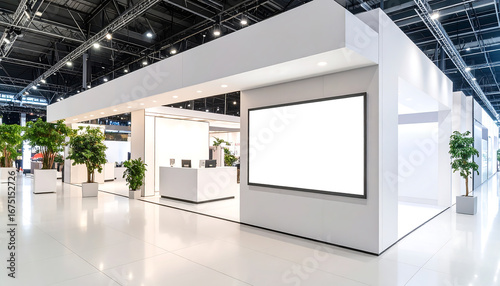 Modern exhibition booth with a large blank screen, reception desk, and potted plants in a spacious convention hall.