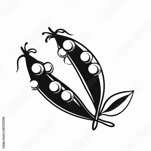 Minimalist style organic pea pods and leaf vector black silhouette