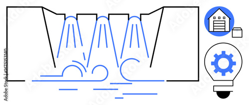 Hydropower dam releasing water, house icon with a garage, lightbulb with gear. Ideal for energy, sustainability, innovation, technology, infrastructure water management renewable resources. Simple